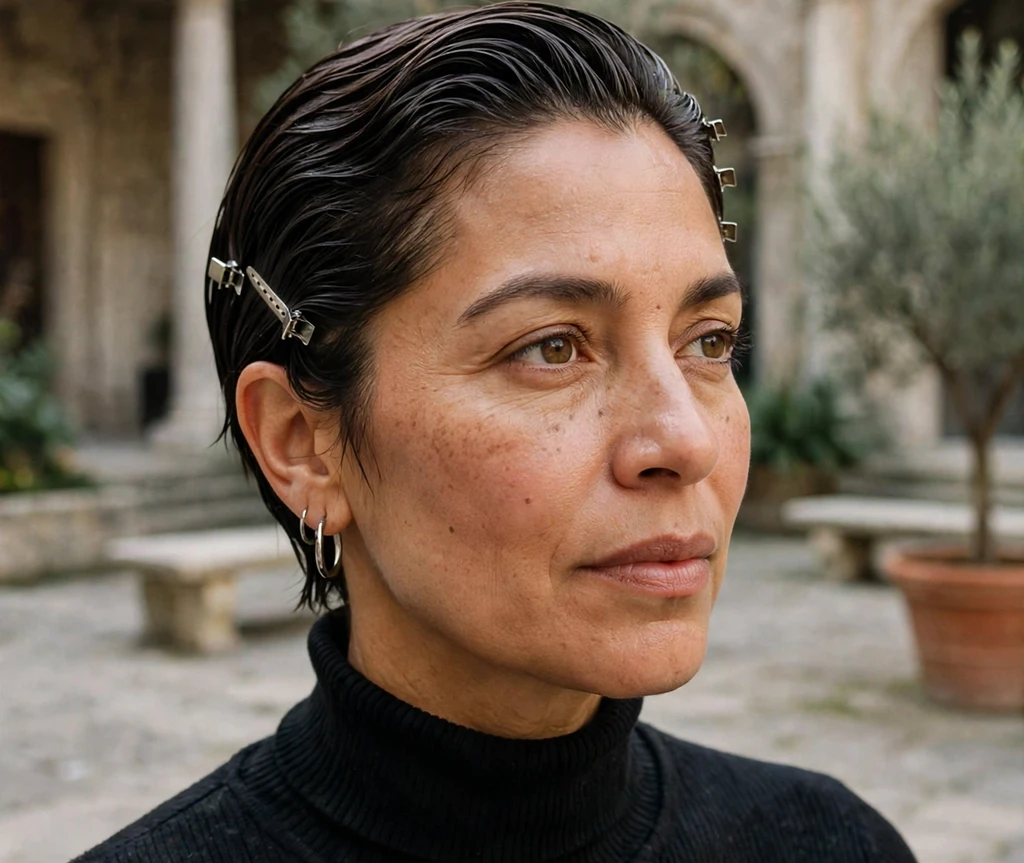 Woman with a slicked-back wet-look pixie-bob and silver mini clips in a museum courtyard