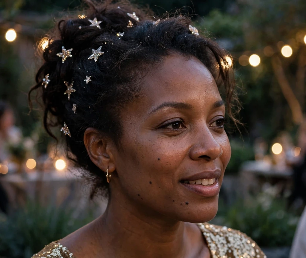 Woman with an elegant party updo sparkling with glitter mini hair clips at an evening garden party