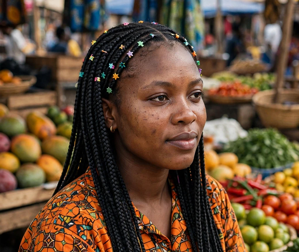 Woman with long box braids accented with colorful mini hair clips at an outdoor market