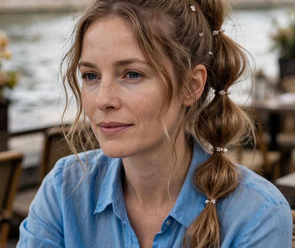 Woman with a bubble ponytail decorated with pearl mini clips between the bubbles at a riverside café