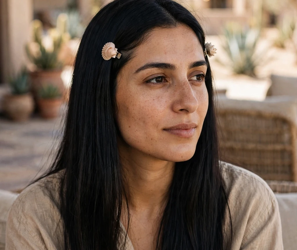 Woman with very long straight black hair and seashell mini clips near the temples on a desert patio