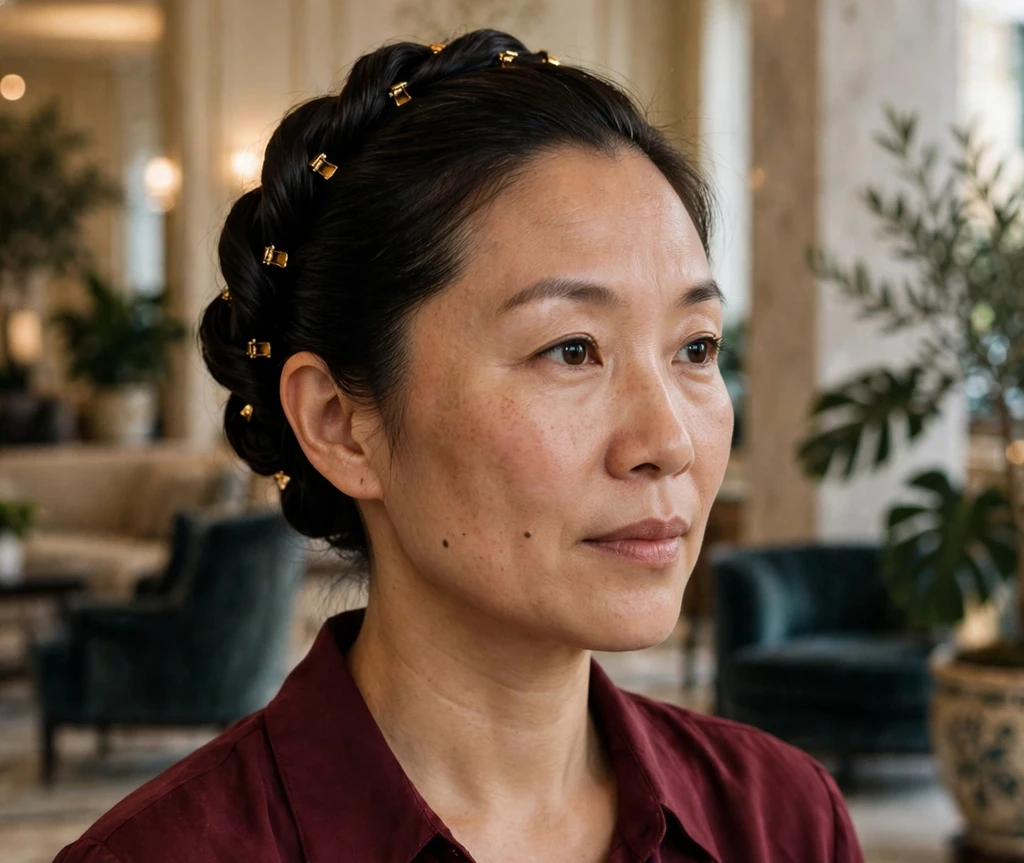 Woman with a classic French twist accented with gold mini hair clips in a hotel lobby