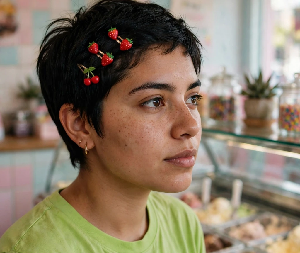 Woman with a short pixie haircut decorated with fruit-shaped mini clips in an ice-cream parlor