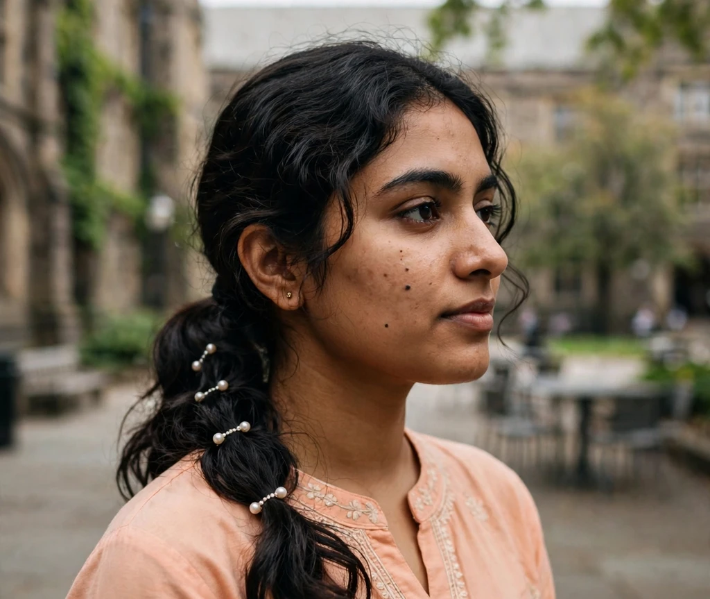 Woman with a low side ponytail decorated with pearl mini clips in a university courtyard