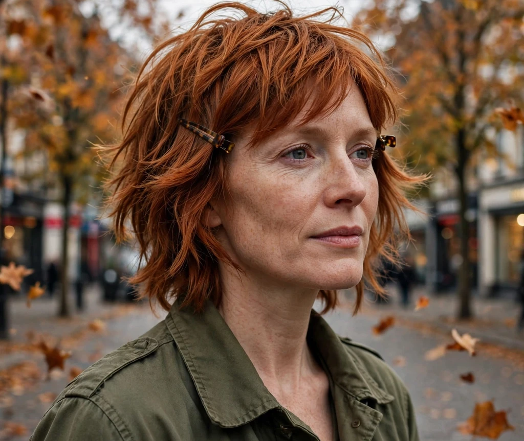 Woman with a textured copper-red shag haircut and tortoiseshell mini clips pinning the front layers on an autumn street