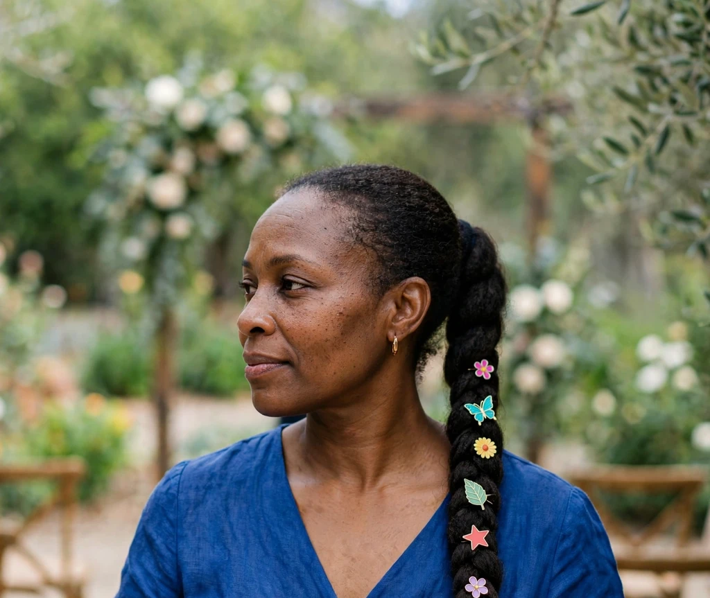 Woman with a long braided ponytail decorated with colorful enamel mini clips in a wedding garden