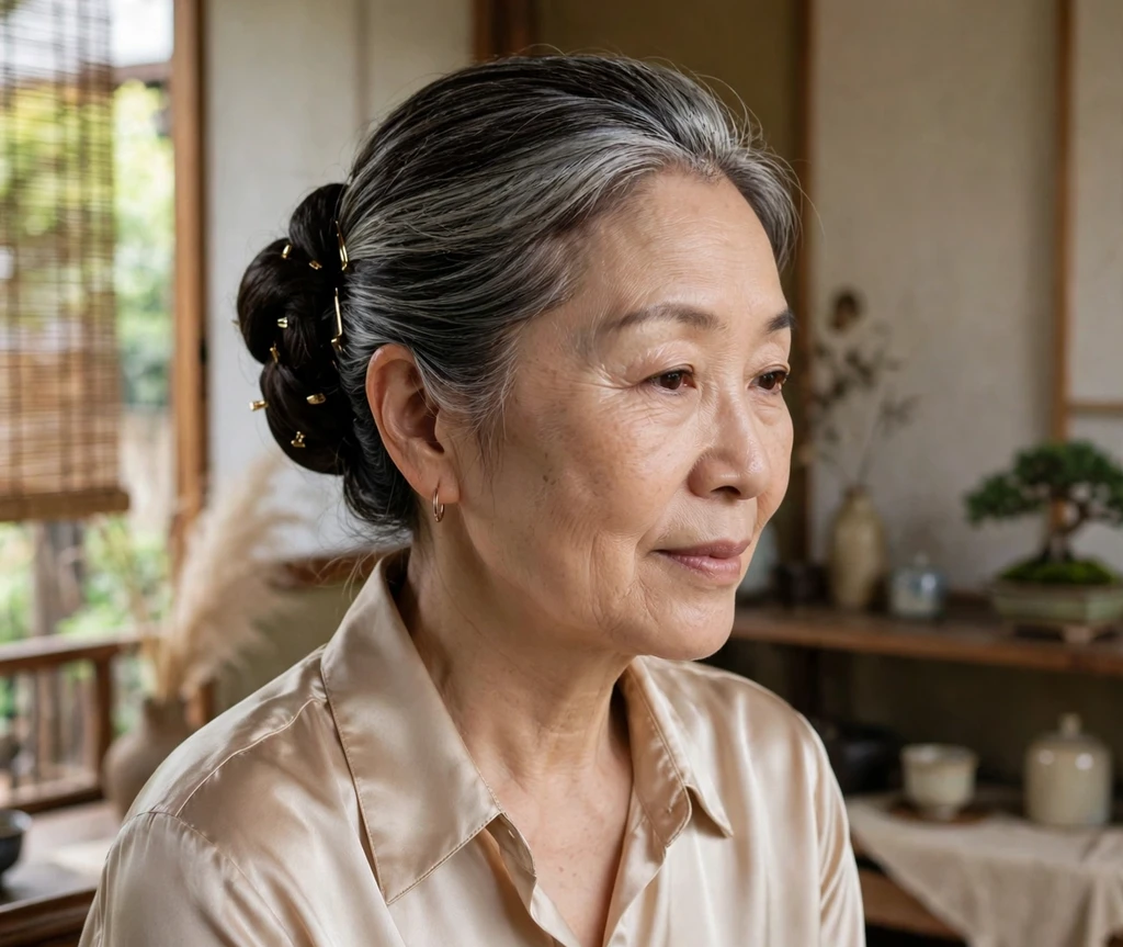 Woman with a sculpted low bun accented with minimalist gold mini clips in a tea house