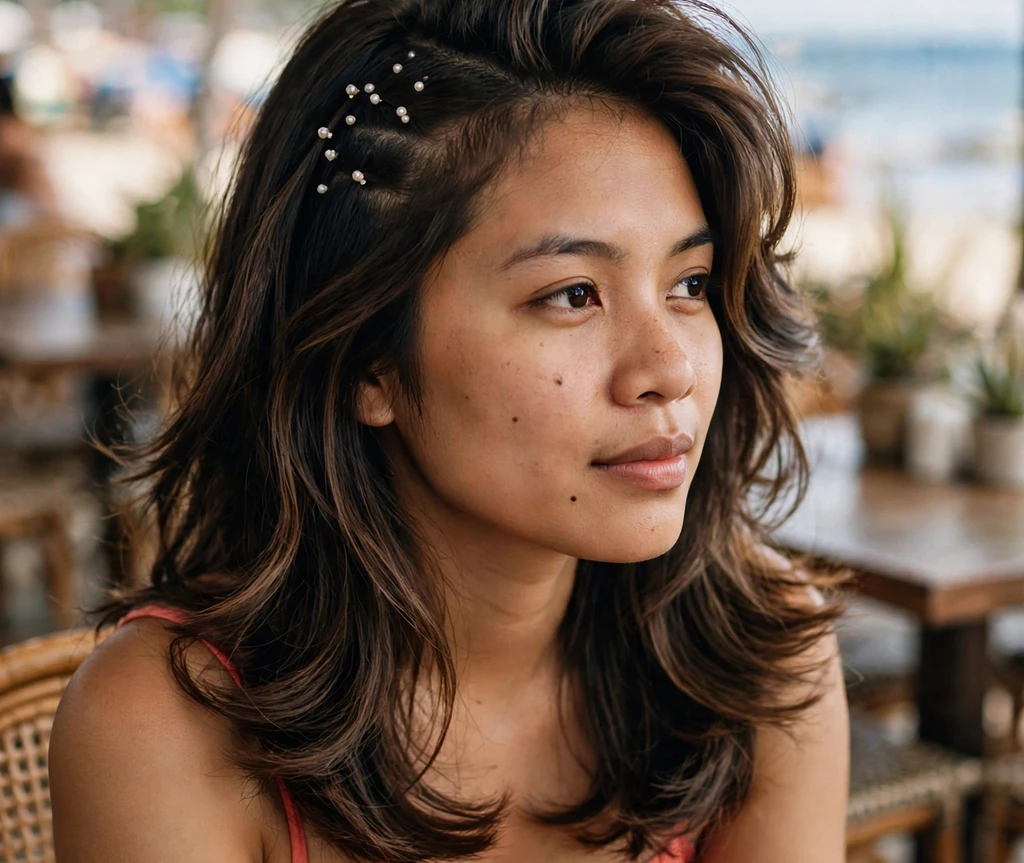 Woman with a bouncy layered blowout and tiny pearl mini clips near the part at a beachside café
