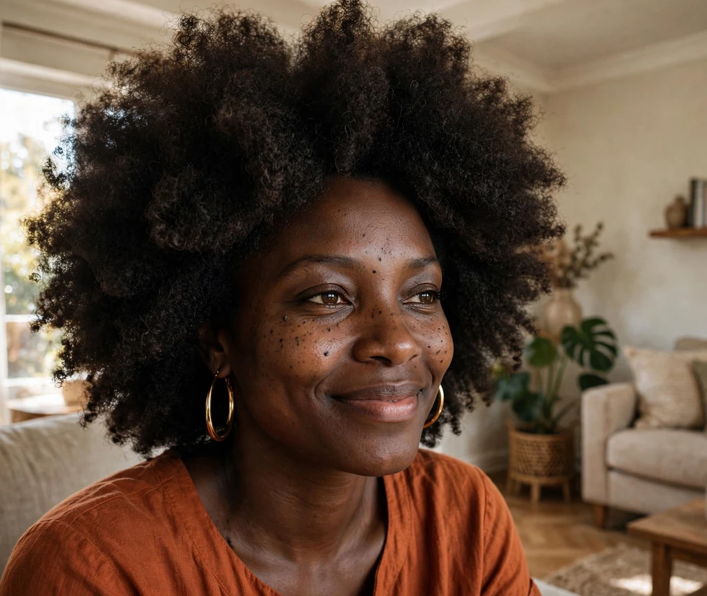 Black woman with a big round afro in a sunlit living room