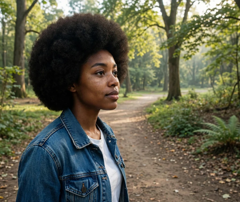 Black woman with a round afro on a park trail