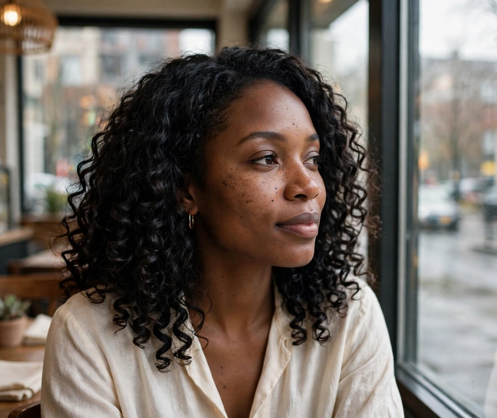 Black woman with shoulder-length wash-and-go curls by a cafe window