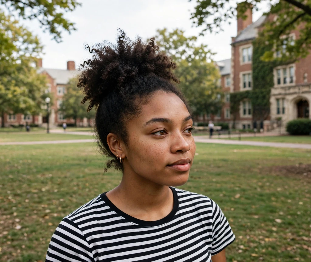 Black woman with a high pineapple puff on a college lawn