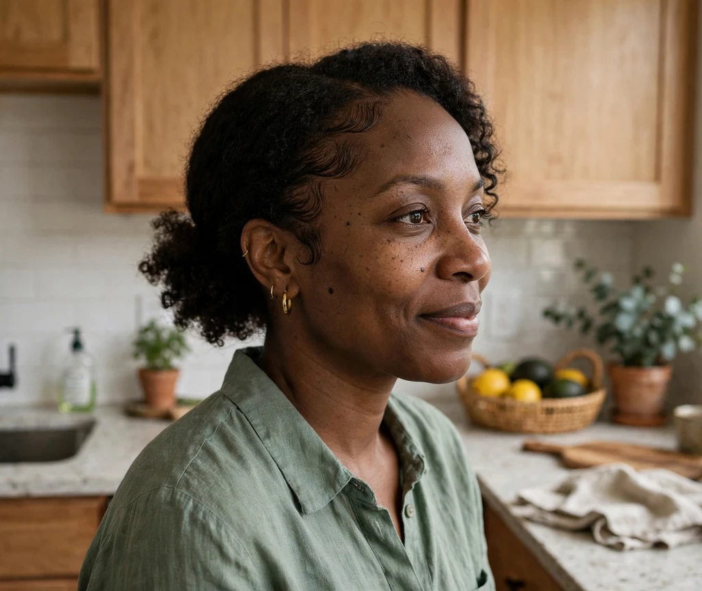 Black woman with a low puff and laid edges in a kitchen