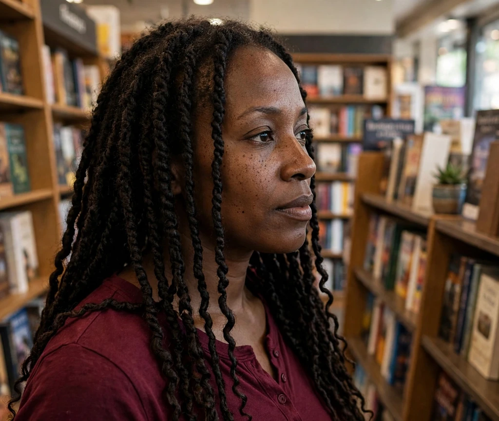 Black woman with long two-strand twists in a bookstore