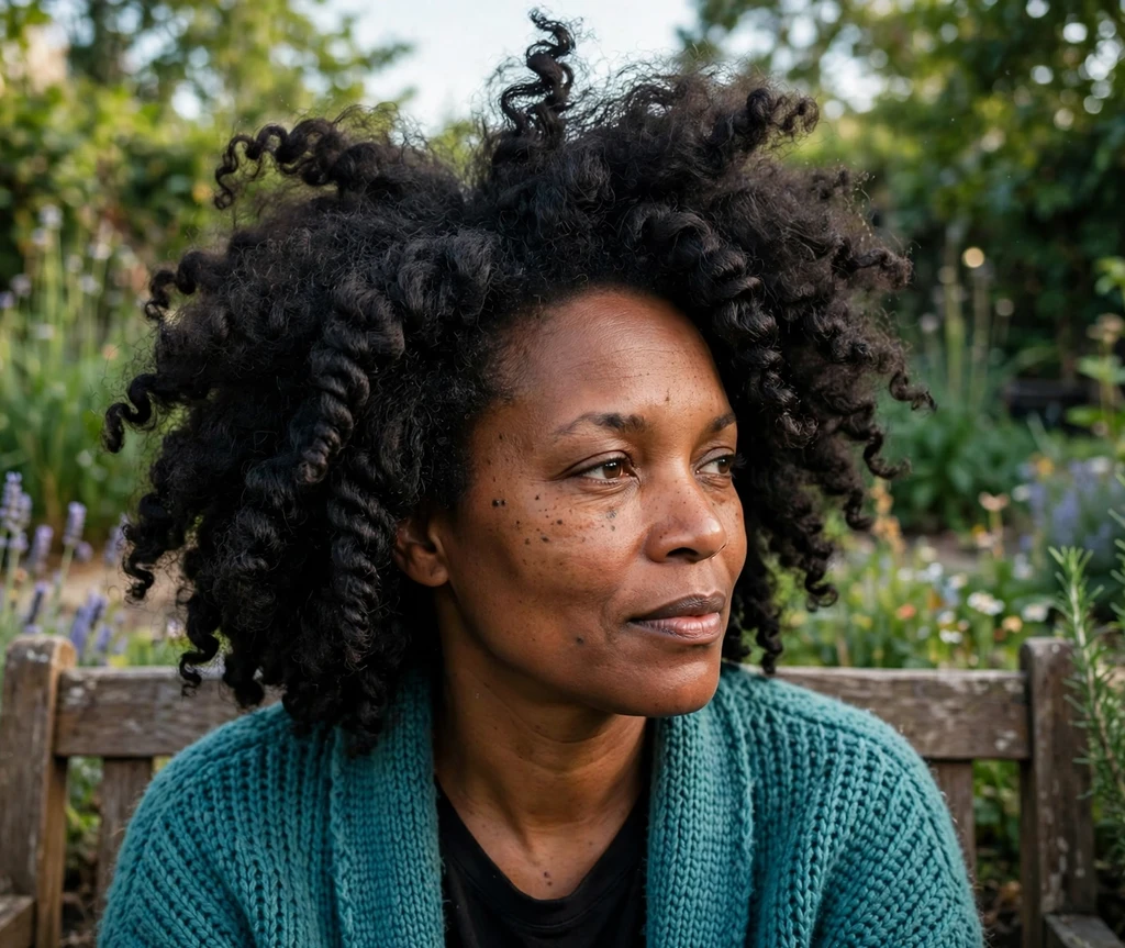 Black woman with a voluminous twist-out on a garden bench