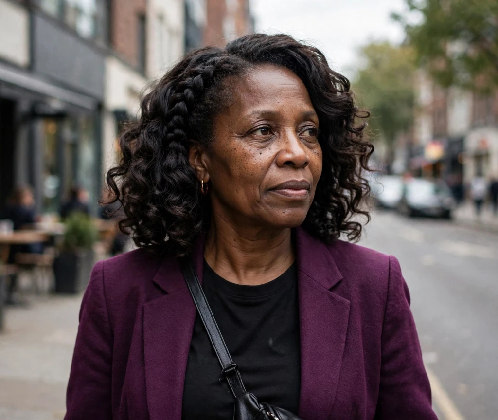 Black woman with a voluminous braid-out on a city street