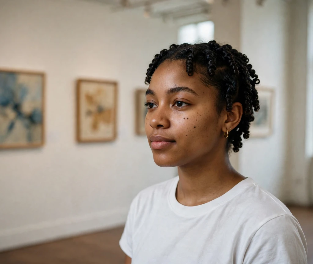 Black woman with short finger coils at an art gallery