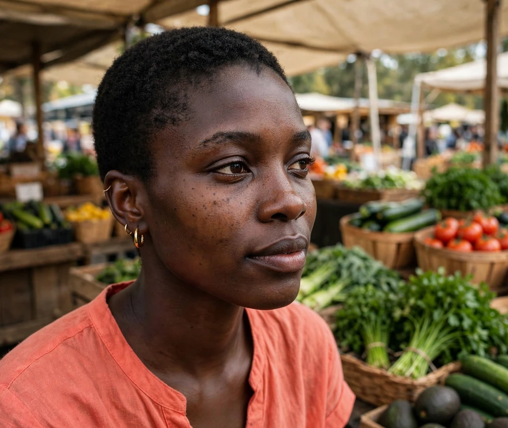 Black woman with a teeny weeny afro at a farmers market