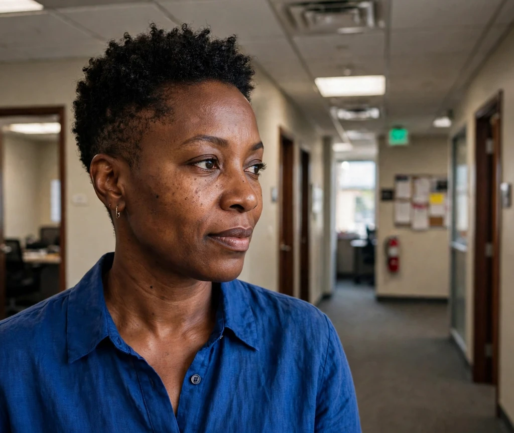 Black woman with a tapered natural cut in an office hallway