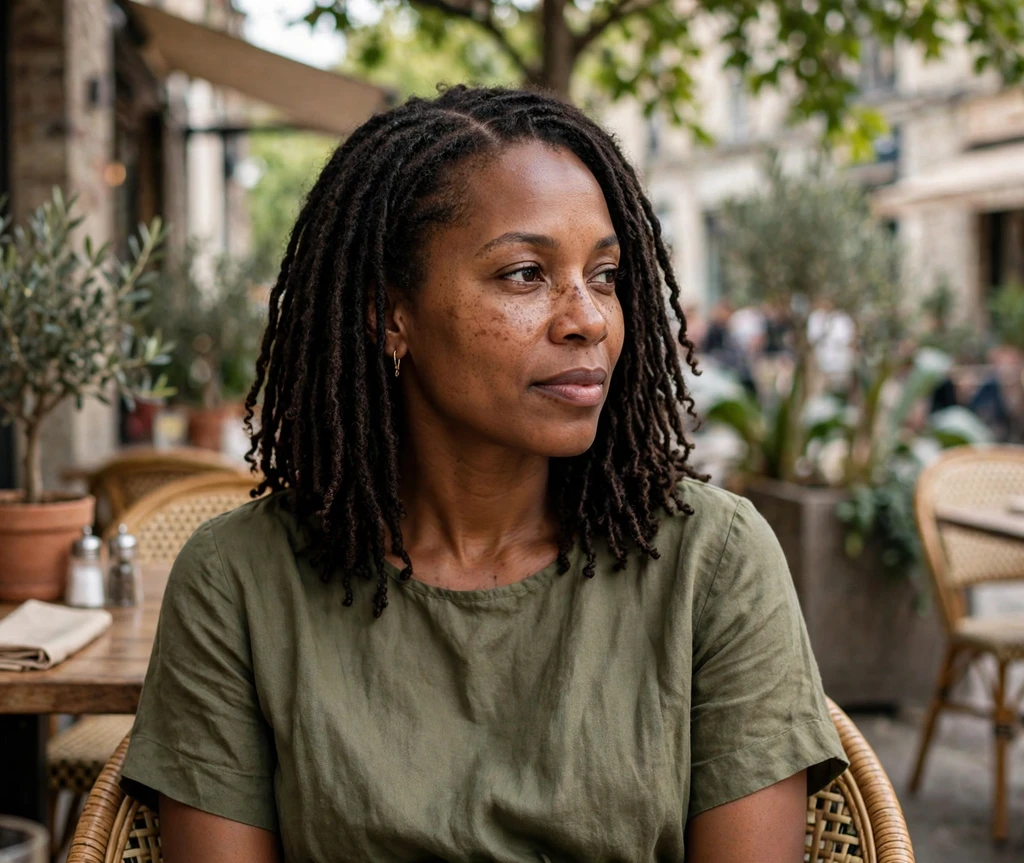 Black woman with shoulder-length locs on a cafe patio