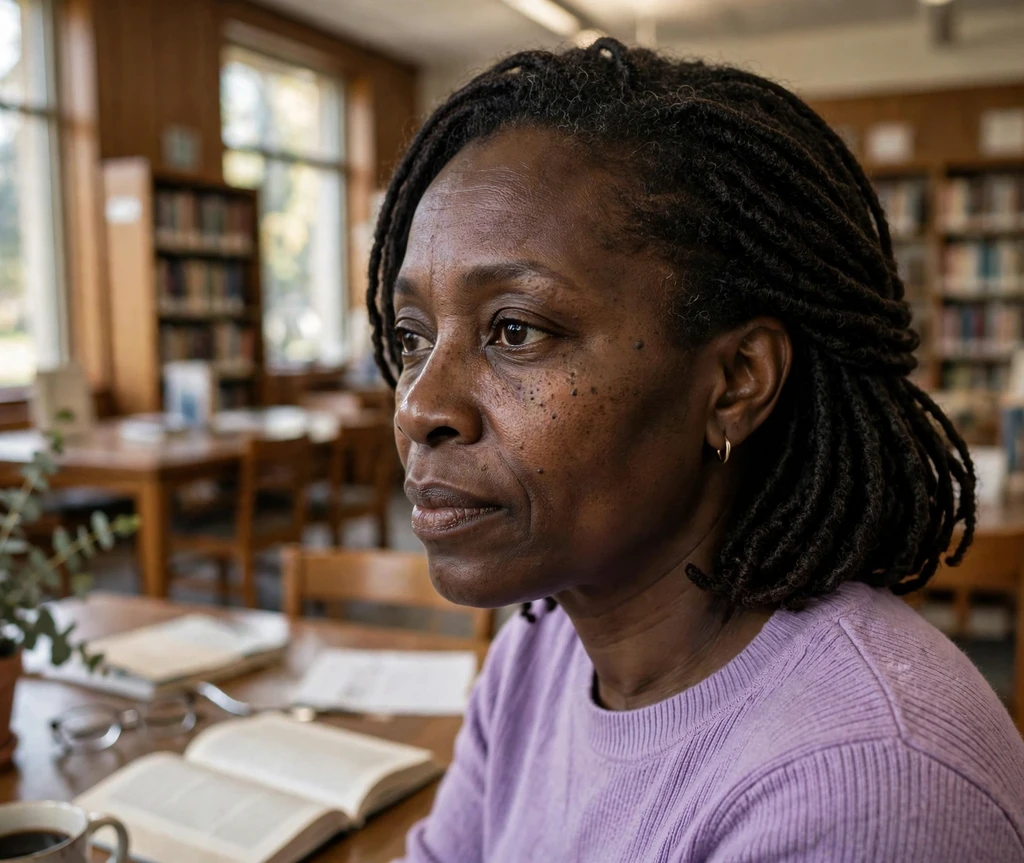 Black woman with a chin-length loc bob in a library