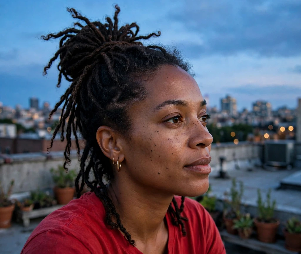 Black woman with a high loc bun on a rooftop