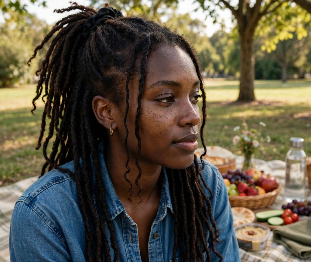 Black woman with a half-up loc ponytail at a park picnic