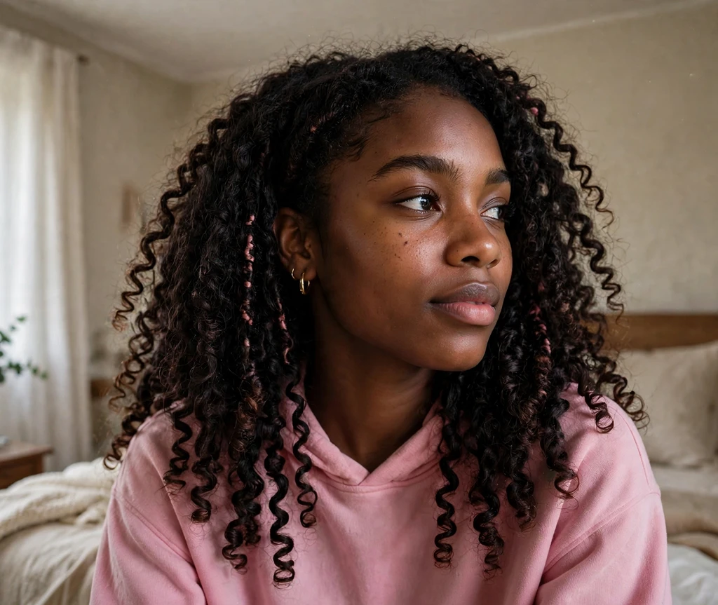 Black woman with bouncy flexi rod curls in a bedroom