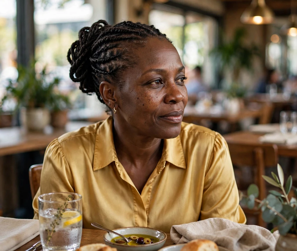 Black woman with a flat twist updo at a restaurant