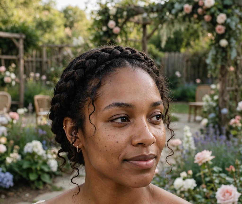Black woman with a halo braid crown at a garden venue