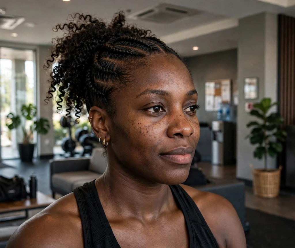 Black woman with a cornrow ponytail in a gym lobby