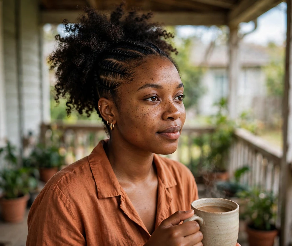Black woman with side cornrows into a puff on a porch