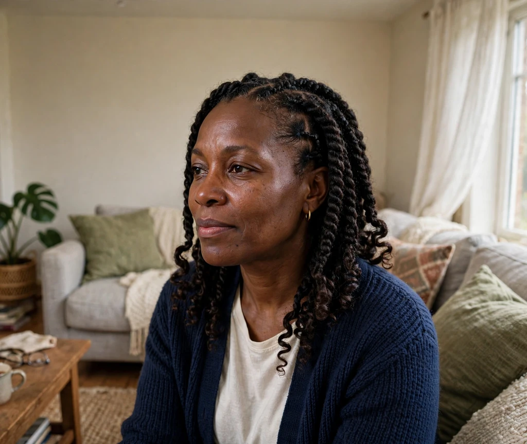 Black woman with chunky flat twists on a living room couch