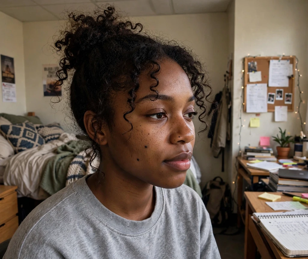 Black woman with a coily top knot in a dorm room