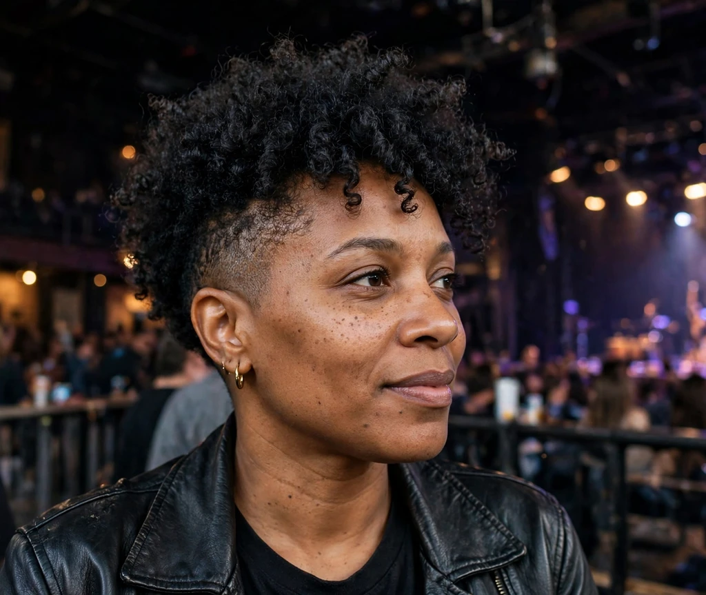 Black woman with a curly frohawk at a concert venue