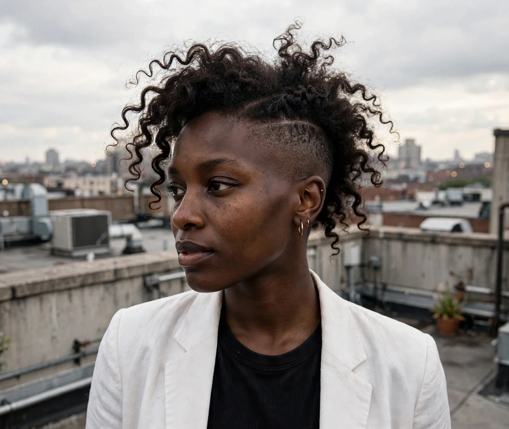 Black woman with a tapered frohawk on a city rooftop