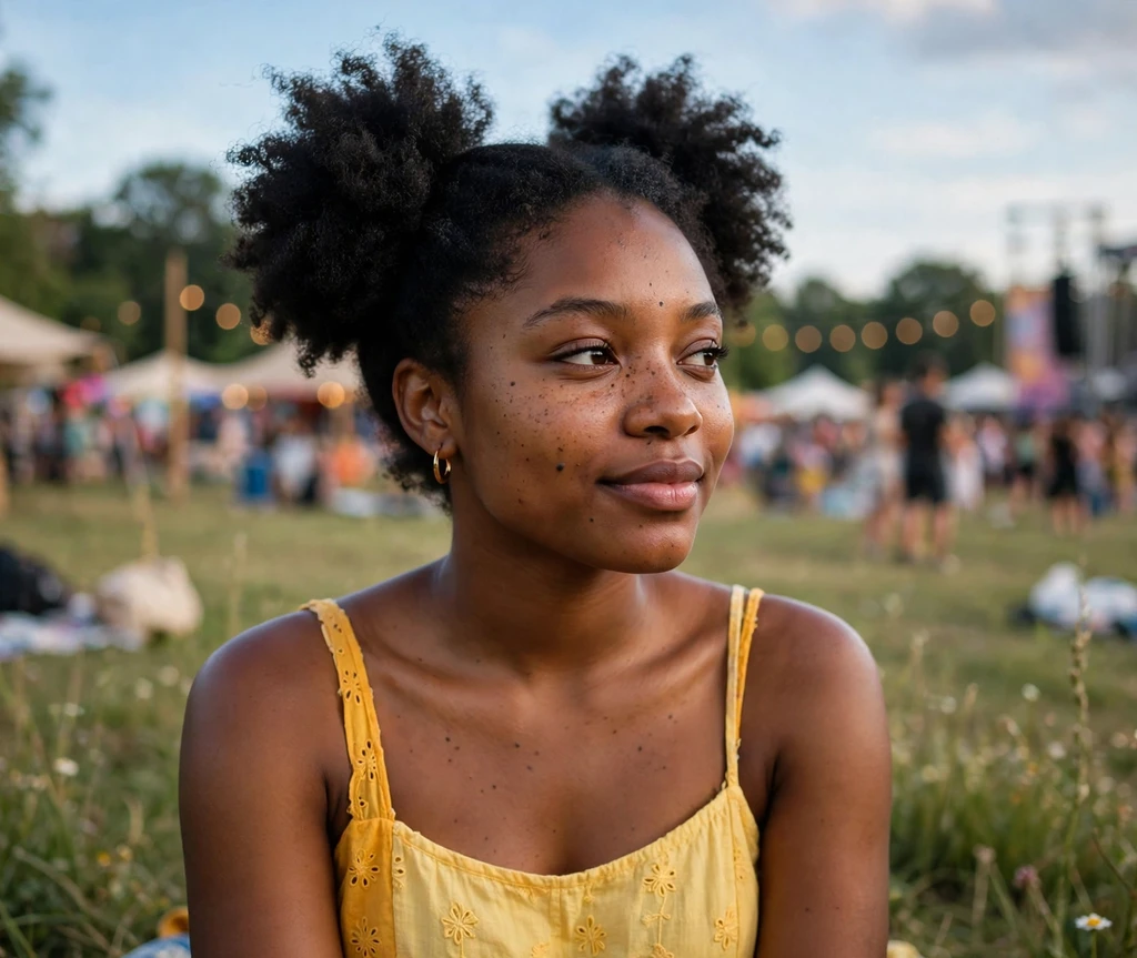 Black woman with double afro puffs at a music festival