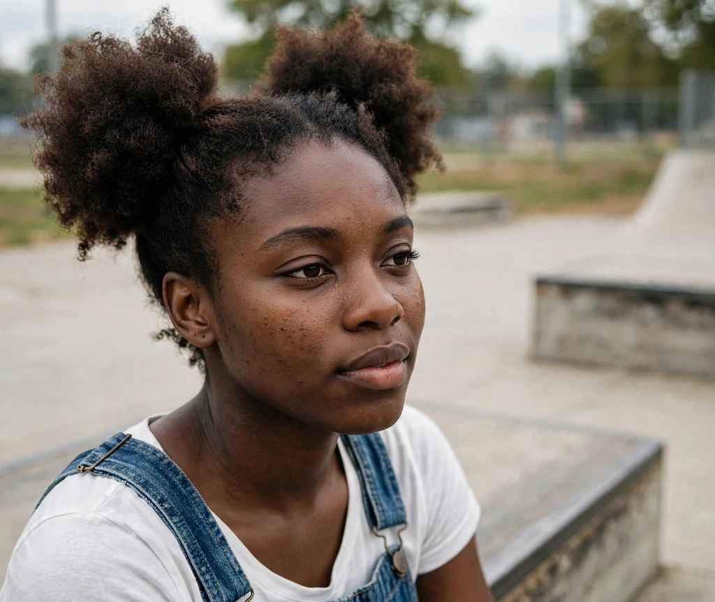 Black woman with afro space buns at a skate park