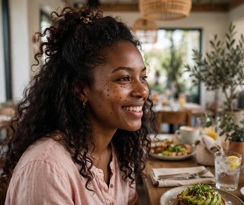Black woman with half-up half-down curls at brunch