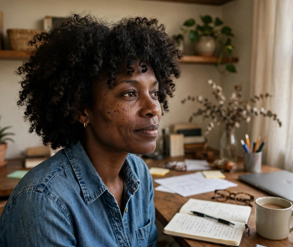 Black woman with an afro and curly bangs at a home office