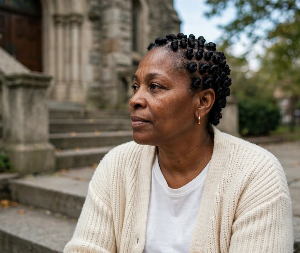 Black woman with neat comb coils on church steps