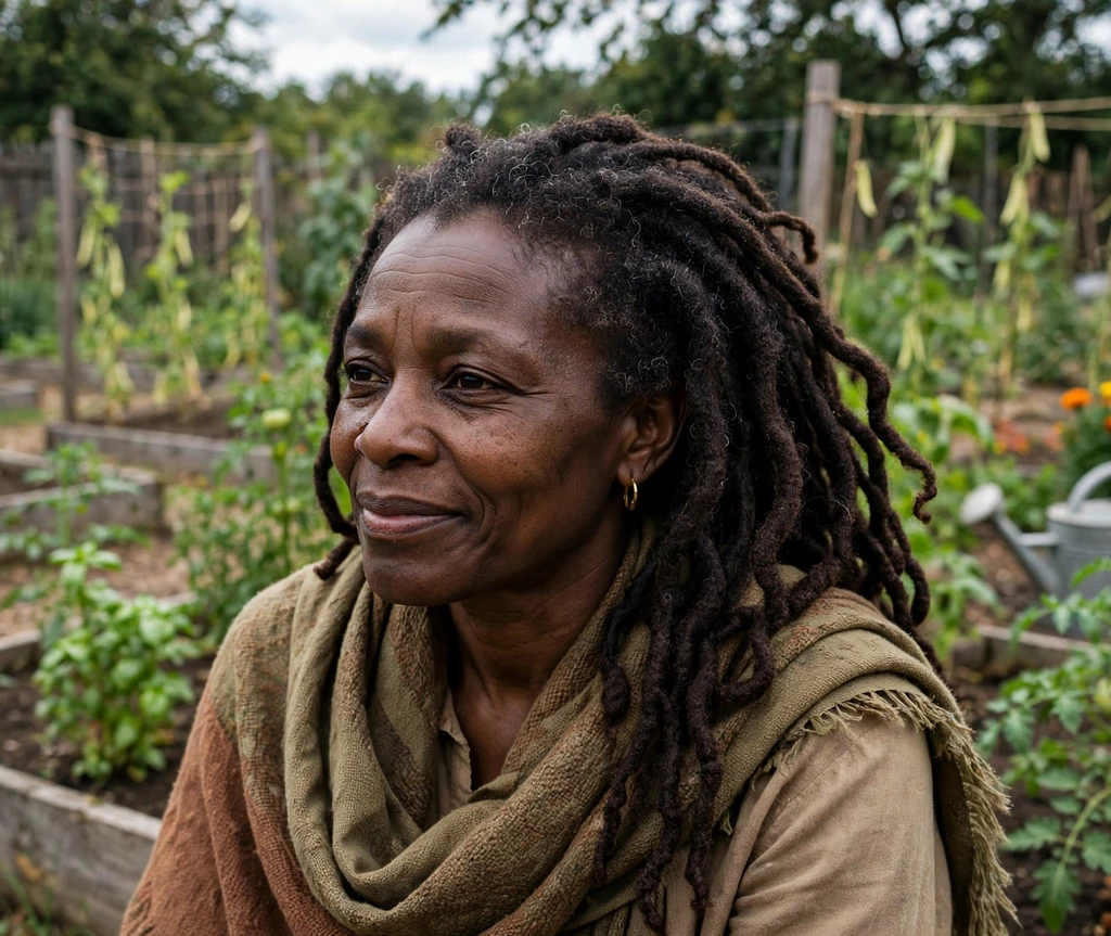Black woman with freeform locs in a community garden
