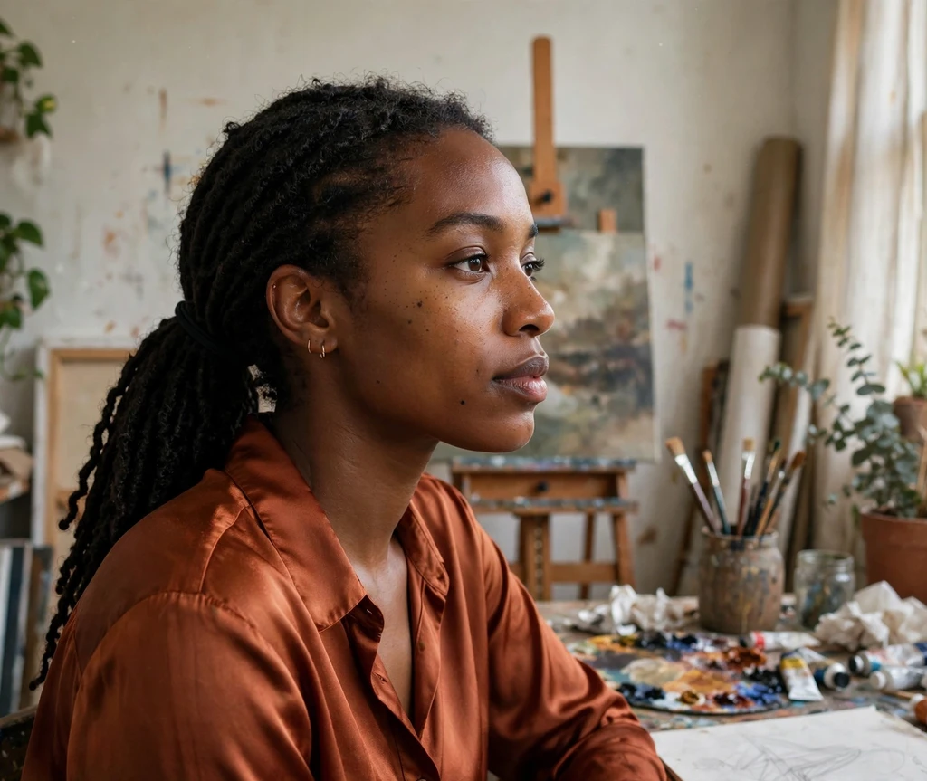 Black woman with a low loc ponytail in an art studio