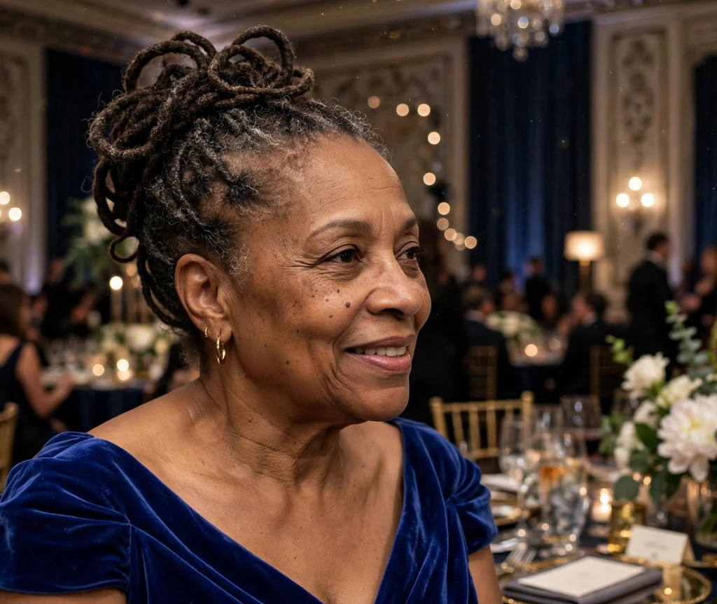 Black woman with a wrapped locs updo at a gala