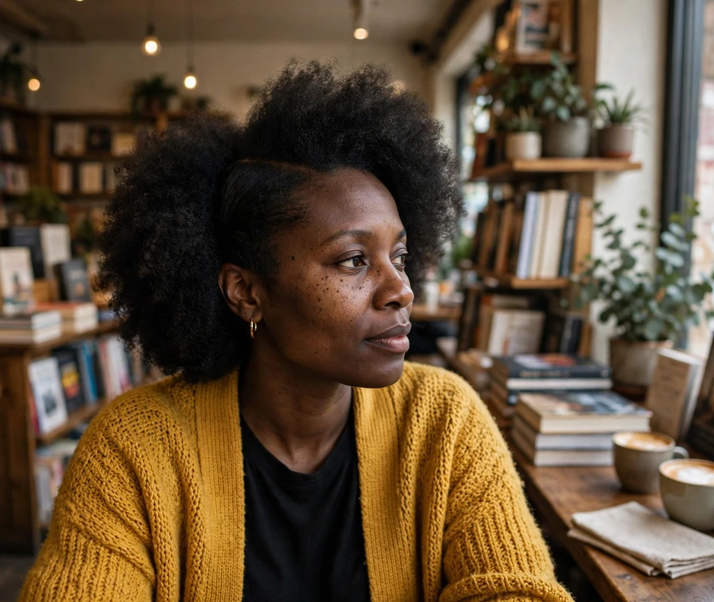 Black woman with a side-part afro in a bookstore cafe