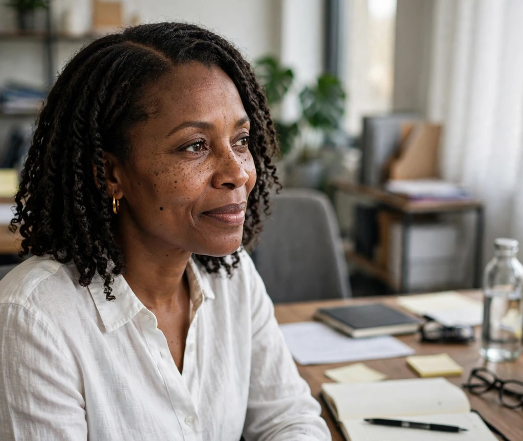 Black woman with a middle-part twist-out at an office desk