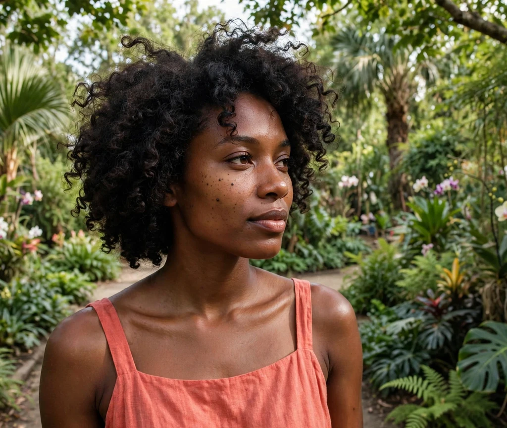 Black woman with a layered curly fro in a botanical garden