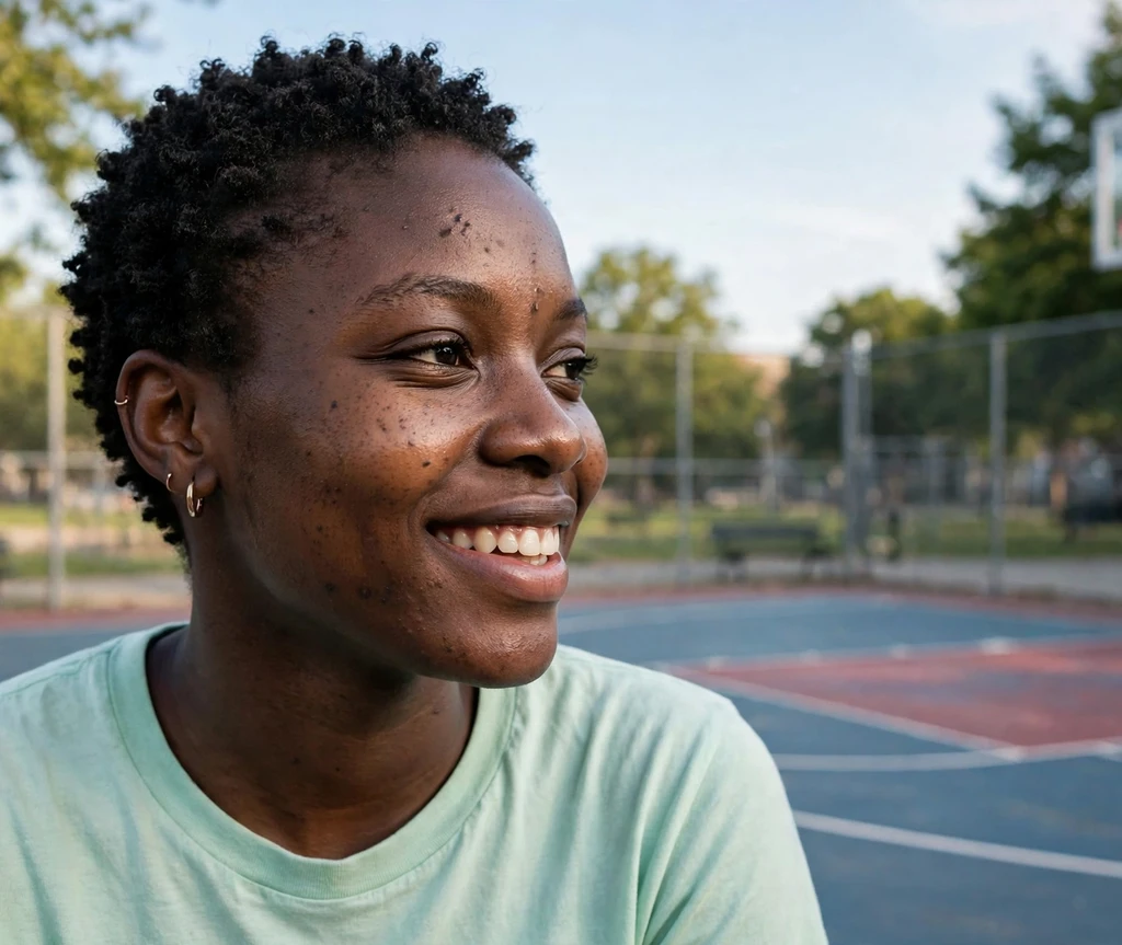 Black woman with short springy coils on a basketball court