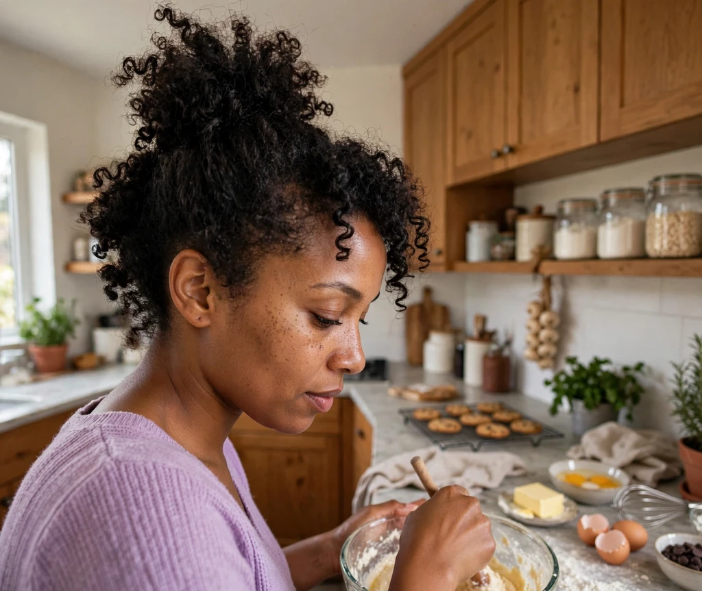 Black woman with a short pineapple updo in a kitchen