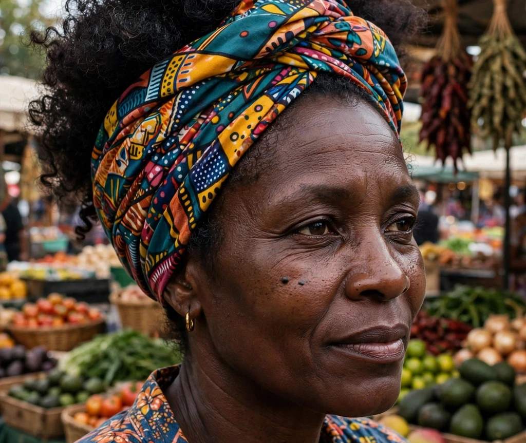 Black woman with a scarf-wrapped puff at an outdoor market